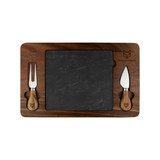 A slate cheeseboard with a wooden border and two cheese knives, featuring a logo. The board has a rectangular shape.
