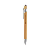 A bamboo stylus with a shiny silver clip and tip, featuring a branding logo.