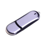 A shiny silver and black flash drive with a smooth, rounded design and a small keyring loop for attachment.