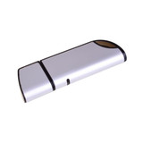 A silver flash drive with a sleek design, featuring a black trim and a logo.