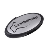 An oval swivel flash drive in silver and black, featuring a logo on its surface.