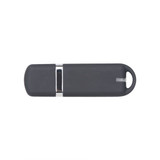 A grey flash drive with a silver accent and a hole for attachment. It features a sleek, minimalist design.
