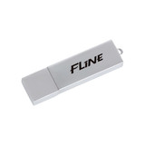 A silver flash drive with a retractable connector and a logo prominently displayed on the side.