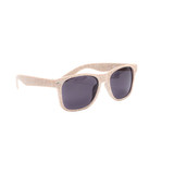 Wheat straw sunglasses in a light beige colour with dark lenses, featuring a simple logo on the side.