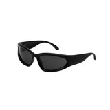 Wraparound sunglasses in black, featuring a sleek design and dark lenses. The frame has a logo on the arm.