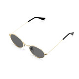 Oval retro sunglasses with a gold frame and dark lenses, featuring black ear tips.