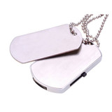 A silver dog tag flash drive with a polished finish, attached to a metal chain.