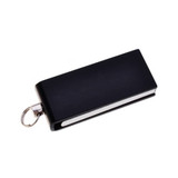 A black mini flash drive with a silver clip, featuring a sleek design and a ring for easy attachment.