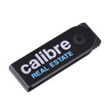 A black flash drive with a clip, featuring a logo in white and light blue text.