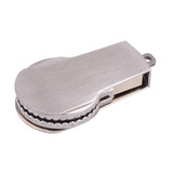 A metallic flash drive with a sleek design, featuring a grey finish and a textured band on one side.