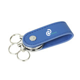 A blue PU leather swivel drive with three key rings and a logo.