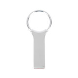 A silver keyring flash drive with a polished finish and a circular attachment loop.