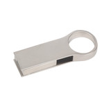 A metallic USB flash drive with a sleek, rectangular design and a circular hole at one end for easy attachment.