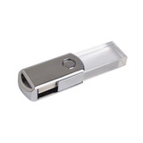 A swivel crystal flash drive in silver and transparent design with a logo on the side.