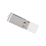 A silver mini swivel flash drive with a clear transparent cap and a circular button.