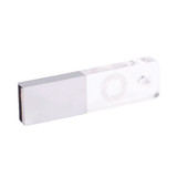 A rectangular crystal flash drive with a metallic end, featuring a logo on the transparent section.