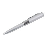 A silver pen featuring a sleek design, with a clip and a silver barrel. It has a branding logo on its side.