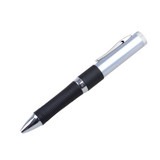 A silver and black pen with a textured grip and a cap, featuring a logo on its body.