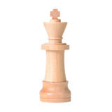 A wooden chess king piece featuring a light natural finish, standing upright against a white background.