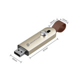 A sliding metal flash drive in gold and black, featuring a brown strap and a logo on the side.