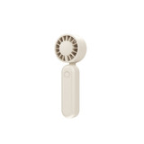 A foldable handheld fan in cream colour, featuring a compact design and a simple push-button interface.
