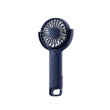 A navy handheld fan featuring a 180° adjustable angle, with a compact design and a power button.
