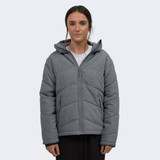 A grey puffer jacket with a zip front and hood, featuring a quilted design, worn by a model.