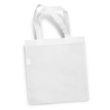 A white tote bag with two handles and a simple design. It features a branding logo.