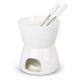 A white mini fondue set featuring a bowl, base, and two stainless steel forks.