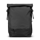 A black Fjord Backpack with a roll-top closure and a front zip pocket, featuring adjustable straps.