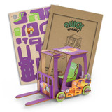 A colourful wooden forklift model in purple and green, with puzzle components and an instructional poster.