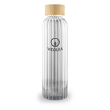 A drink bottle made of clear glass with a ribbed design and a natural wooden lid, featuring a logo.