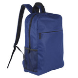 A navy blue backpack featuring a front zip pocket and a side mesh pocket, equipped with adjustable straps.