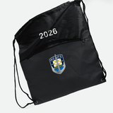 A black drawstring bag with a zippered pocket and a logo on the front.