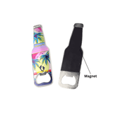 A drink bottle opener shaped like a bottle, featuring a colourful tropical design and a magnet on the back.