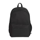 A black backpack featuring a main compartment, front pocket, and side mesh pocket. It includes a logo.