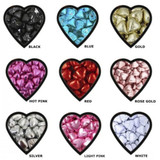 A collection of chocolate hearts in various colours: black, blue, gold, hot pink, red, rose gold, silver, light pink, and white.