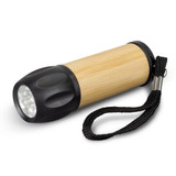 A bamboo torch with a black plastic end and a wrist strap, featuring multiple LED lights.