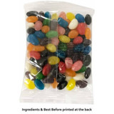 A clear bag filled with colourful jelly beans in various shapes and sizes, featuring a logo on the packaging.
