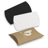 A collection of small pillow boxes in black, white, and brown, featuring a logo on the brown box.