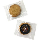 GLUTEN FREE biscuits in a clear cello bag, featuring a round biscuit with a golden-brown colour and a logo on the packaging.