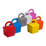 A collection of six coloured noodle boxes in red, blue, yellow, pink, white, and black with stripes, featuring handles.
