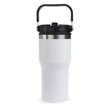 A drink bottle with a white body and black lid, featuring a handle and a metallic accent. It has a branded logo.