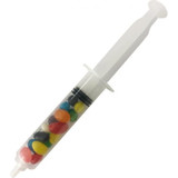 A syringe filled with colourful mini jelly beans, showcasing various vibrant hues in a clear plastic casing.