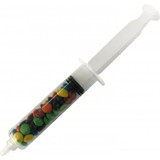 A syringe filled with colourful M&Ms, featuring a clear plastic body and a white plunger.