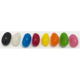A row of jelly beans in various colours: black, white, blue, red, yellow, green, orange, and pink.