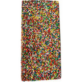 A chocolate bar coated with colourful chocolate sprinkles, featuring a bright mix of red, green, yellow, and blue.