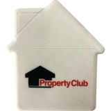 A house-shaped mint card in white with a logo and text in black and red, designed for confectionery use.