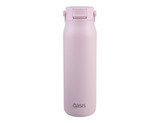 A drink bottle in soft pink with a sleek design and a logo at the bottom. It features a secure lid.