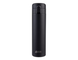 A drink bottle, black insulated flip-top flask with a sleek design and a logo on the front.
